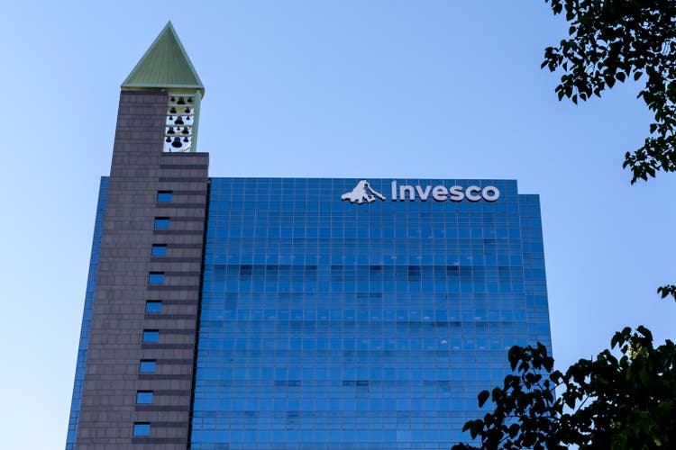 Invesco's logo and logo on the Canadian headquarters building in Toronto.