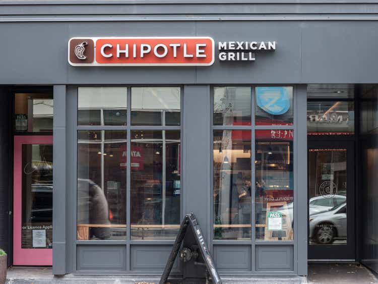 Chipotle logo in front of their restaurant in Toronto, Ontario. Chipotle is an American fast food brand specialized in grill & Mexican food