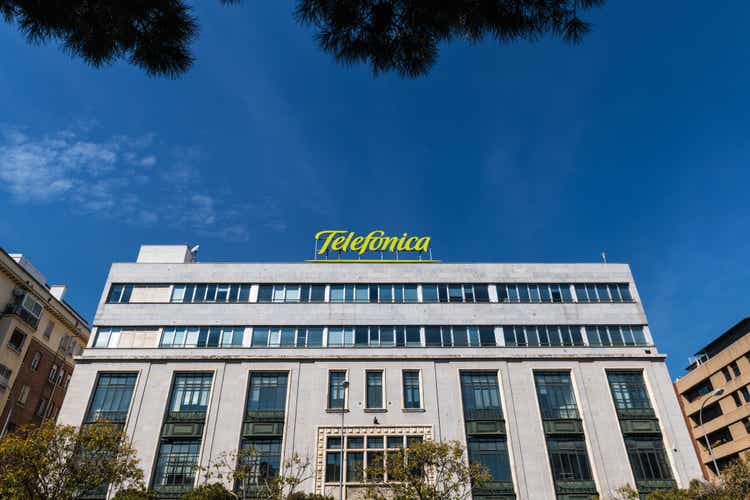 Logo of Telefonica against a intense bue sky