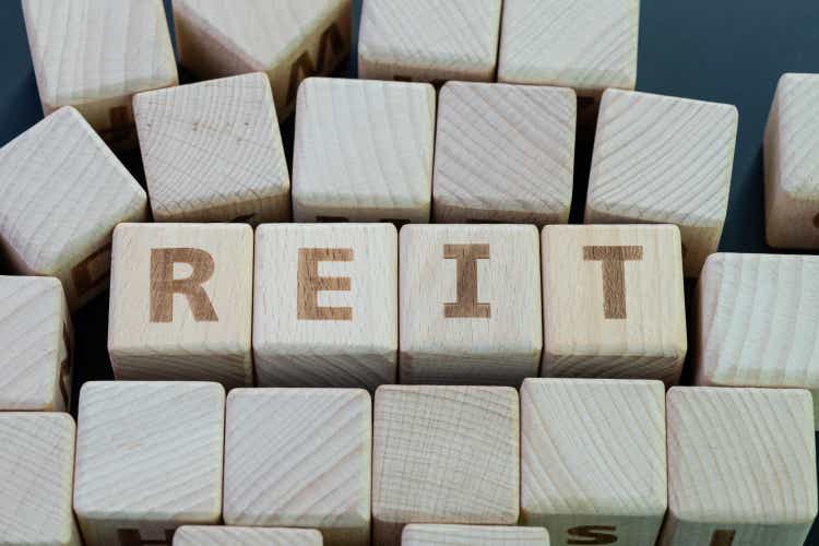Reit, real estate investment fund  concept, cube wooden block with alphabet building the word REIT on blackboard