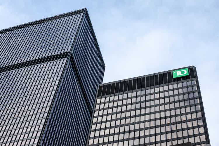 TD Bank logo in front of their branch for Toronto, Ontario. Also known as Toronto Dominon Canada Trust, it is one of the main Canadian banks