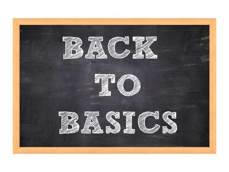 Blackboard with back to basic phrase - 3D rendering