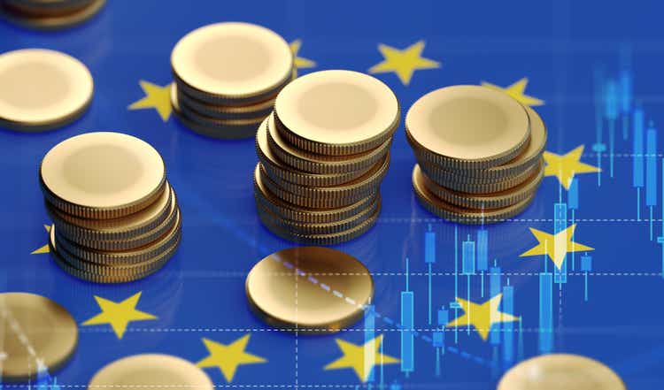 Stack of Coins Sitting on European Union Flag