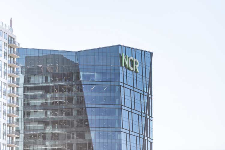 Capital Georgia city, view of building with NCR sign, global headquarters, modern glass building