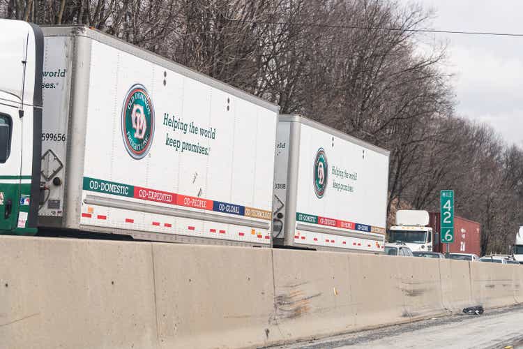 Traffic with Old Dominion Freight Line double trucks on highway 78 in Pennsylvania