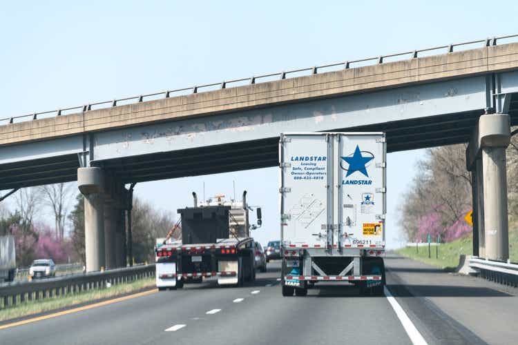 Traffic cars on interstate highway i-81 in Virginia with Landstar transportation trailer, hauler truck