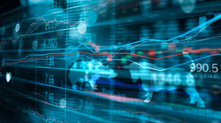 Financial stock market numbers and forex trading graph, business and stock market data, financial investment concept on bull and bear shapes symbols background.