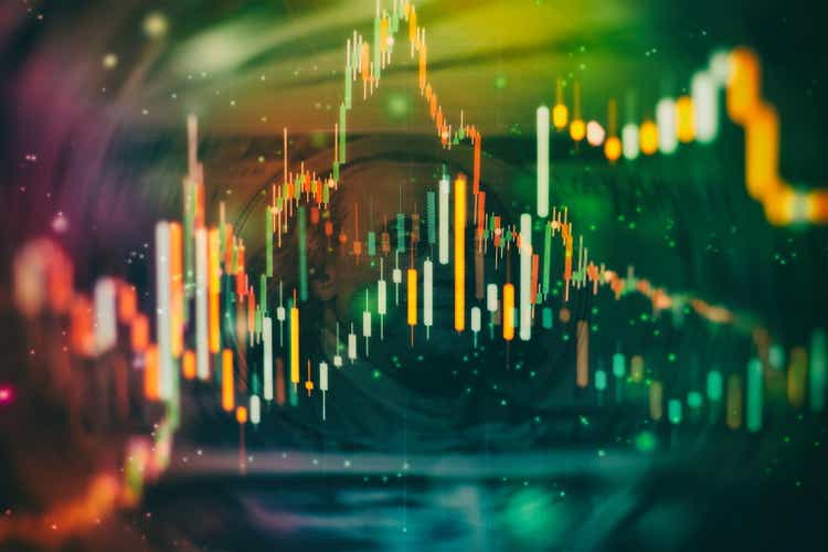 Candle stick graph chart of stock market investment trading. The Forex graph chart on the digital screen.