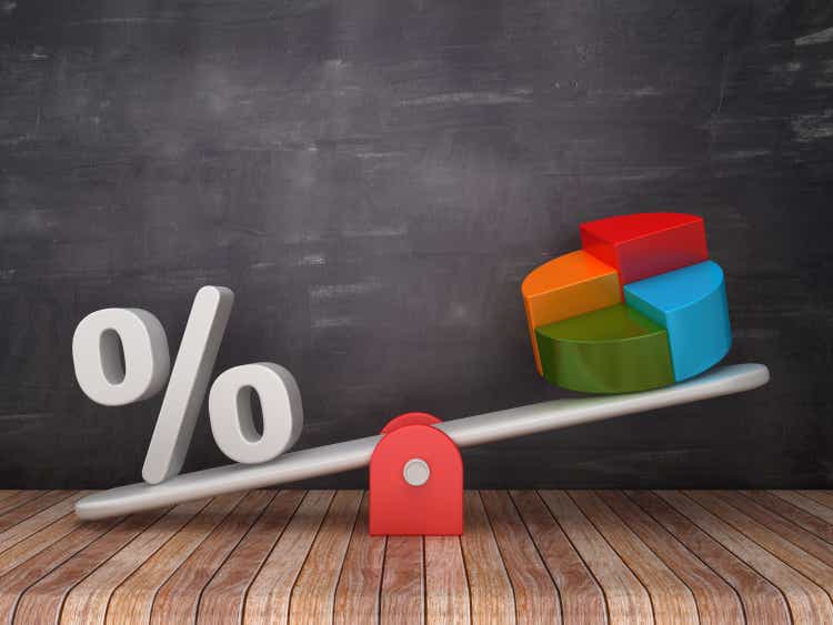 Seesaw Scale with Percentage Sign and Pie Chart on Chalkboard Background - 3D Rendering