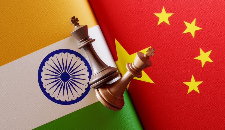 Indian and Chinese Flag Pair with King Chess Pieces