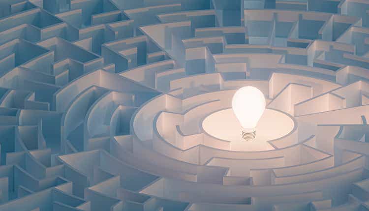 Acuity Brands (<span class='ticker-hover-wrapper'>NYSE:<a href='https://seekingalpha.com/symbol/AYI' title='Acuity Brands, Inc.'>AYI</a></span>) Circular maze or labyrinth with light bulb in its center. Puzzle, riddle, intelligence, thinking, solution, IQ concepts. 3d render illustration.