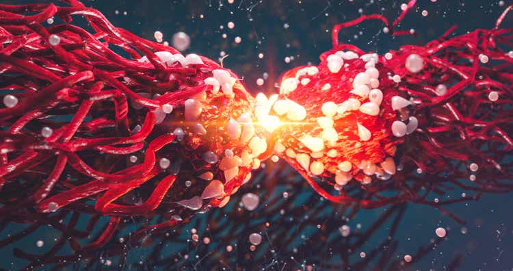 Dividing Cancer Cell Oncology Research Concept 3d illustration proteins with lymphocytes gene editing , t cells or cancer cells, meiosis, mitosis