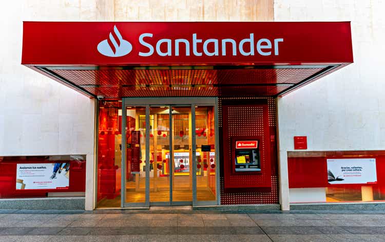 Entrance to bank Santander office in Almeria, Spain.