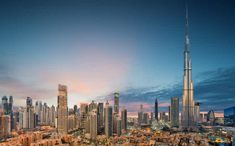 Amazing panoramic view on Dubai futuristic skyline, Dubai, United Arab Emirates
