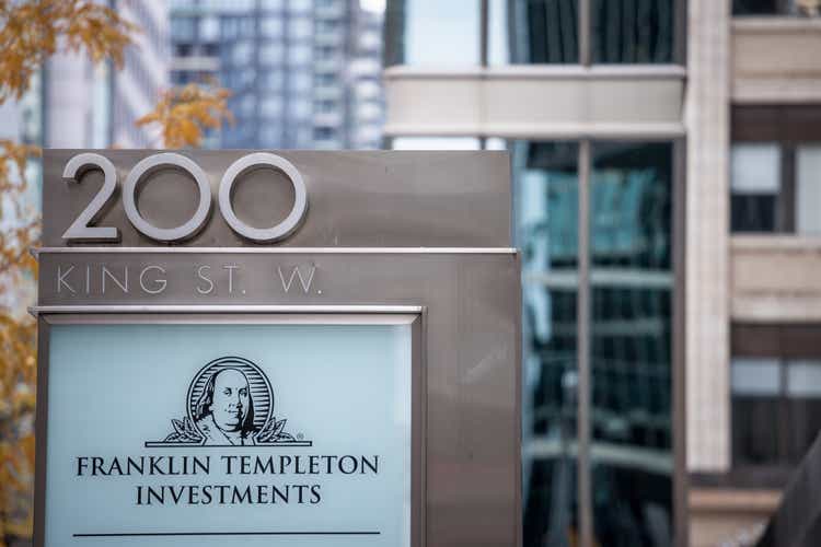 Franklin Templeton investments logo in front of their local headquarters in Toronto, Ontario. It is an investments American Holding Company