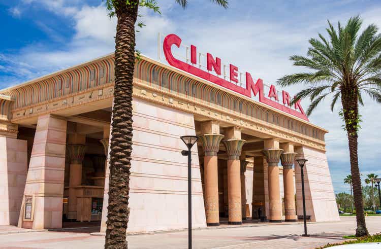 Exterior of Cinemark Paradise 24 movie theater with Egyptian theme - Davie, Florida, USA