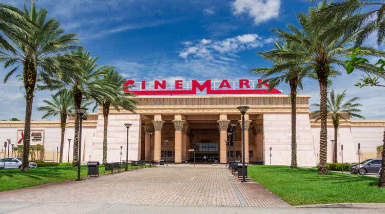 Exterior of Cinemark Paradise 24 movie theater with Egyptian theme - Davie, Florida, USA