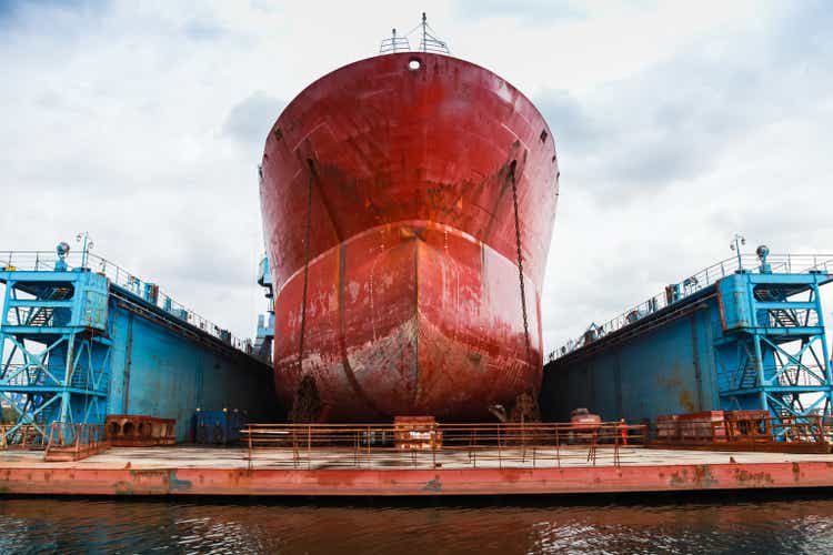 Huge red tanker is in floating dock