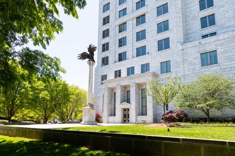 Federal Reserve Bank of Atlanta Georgia government building in downtown with eagle statue