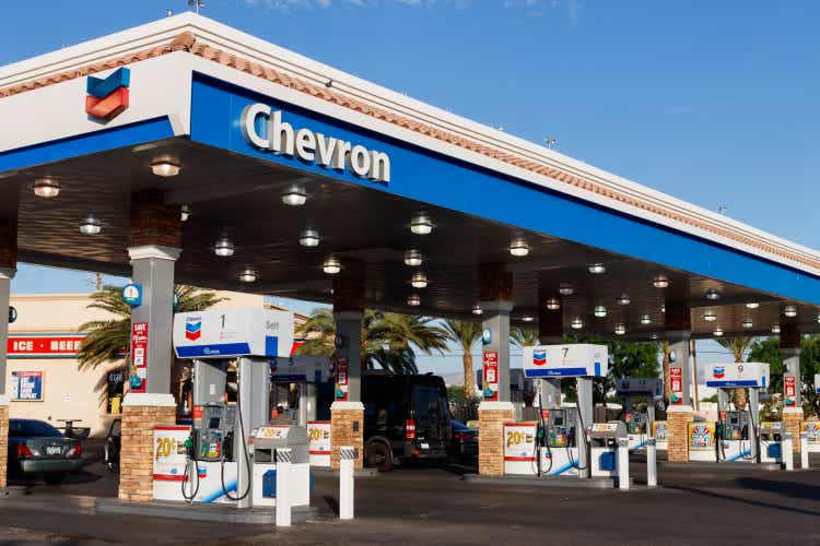 Chevron retail gas station.  Chevron originated from Standard Oil Corporation IV