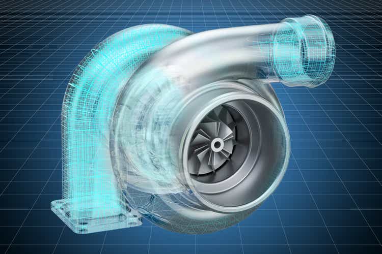 Visualization 3d cad model of car turbocharger, blueprint