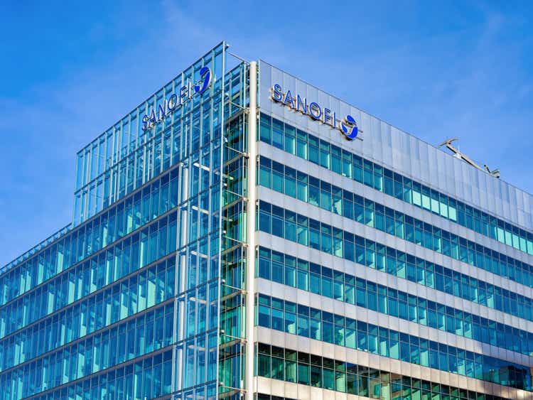 Blue glass European building architecture with Sanofi logo Berlin