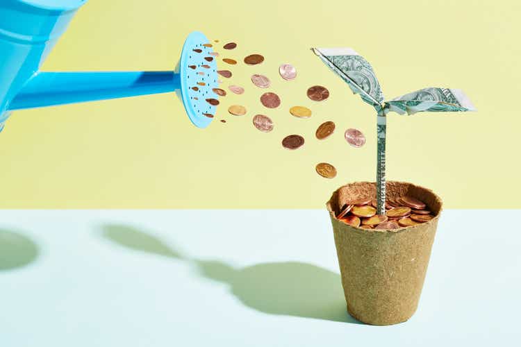 Seedlings in origami dollars are watered with coins