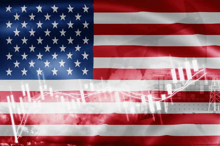 USA flag, stock market, exchange economy and Trade, oil production, container ship in export and import business and logistics.