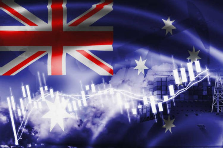 Australian flag, the stock market, economy, trade, oil production, container shipping, import, and logistics.