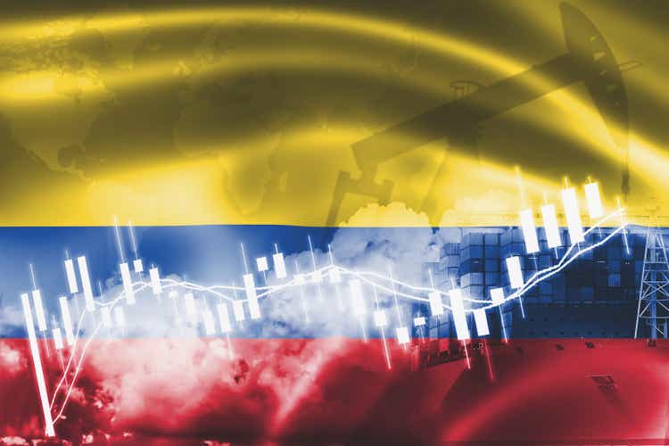 Colombia flag, stock market, exchange economy and Trade, oil production, container ship in export and import business and logistics.