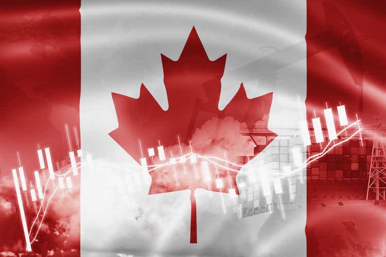 Canada flag, stock market, exchange economy and Trade, oil production, container ship in export and import business and logistics.