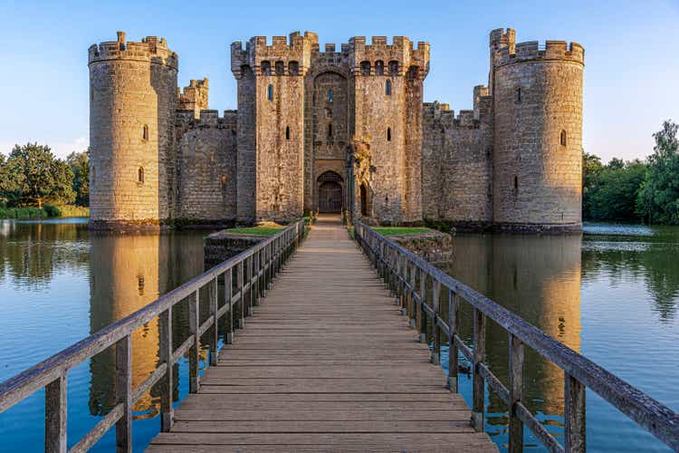 Bodiam Castle, East Sussex, England - August 14, 2016: Historic Bodiam Castle and moat in East Sussex