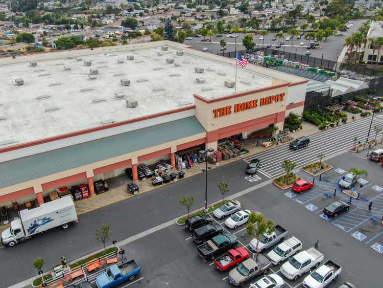 Aerial view of The Home Depot store and parking lot in San Diego, California, USA.