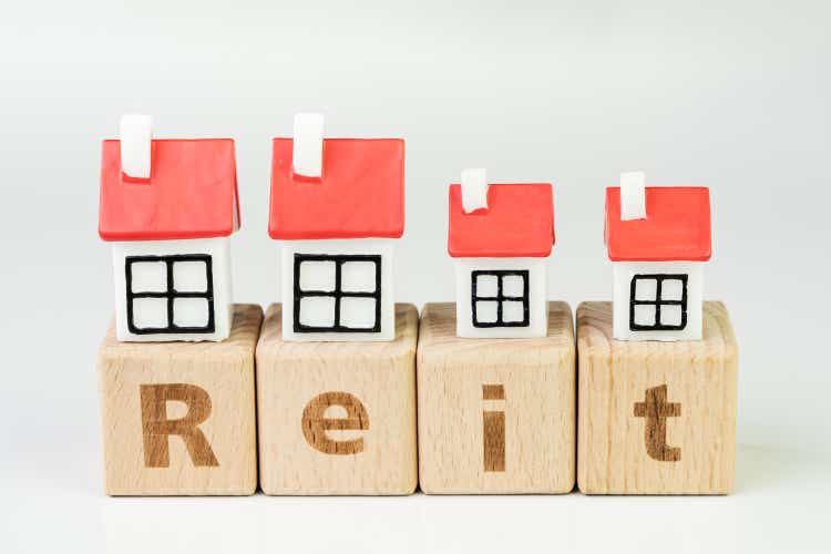 Reit, Real estate investment trust concept, miniature houses on cube wooden block with alphabet combine the word Reit on white background