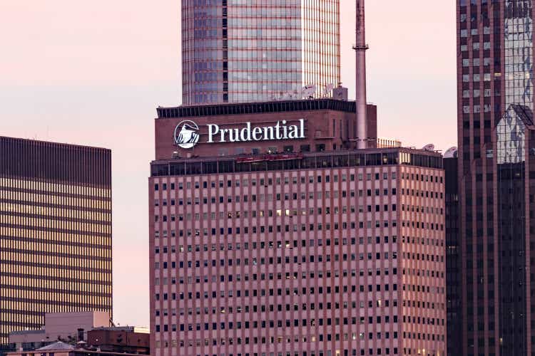 One Prudential Plaza in the center.  Prudential reduces greenhouse gas emissions by installing solar panels and LED lights