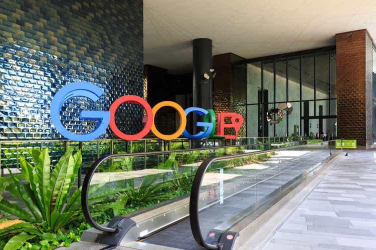 A photograph of the Google logo in the lobby of Google"s new campus and office in Singapore