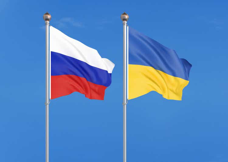 Russia vs Ukraine. Thick colored silky flags of Russia and Ukraine. 3D illustration on sky background. â Illustration