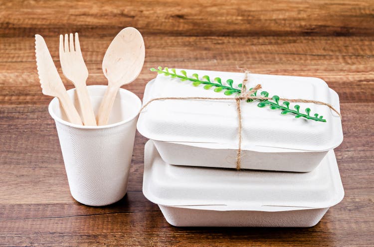 Set of unbleached plant fiber food box and paper coffee cup.