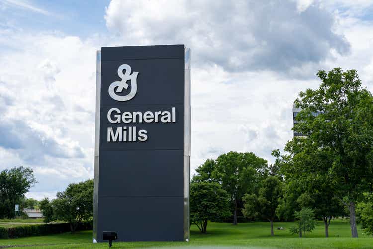 A Welcome sign at the General Mills headquarters in suburban Minneapolis, Minnesota. This is a consumer packaged foods and goods company