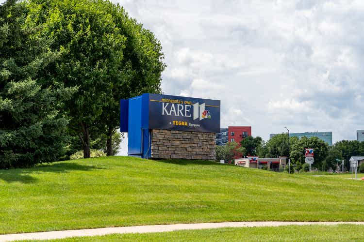 Sign for the Kare 11 news headquarters office, a television news station, affiliated with NBC, broadcasting local news to the Twin Cities area