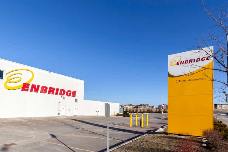 Markham, Ontario, Canada - April 22, 2018: Sign of Enbridge Gas Distribution Inc in markham, Ontario. Enbridge Inc. is a Canadian multinational energy transportation company.