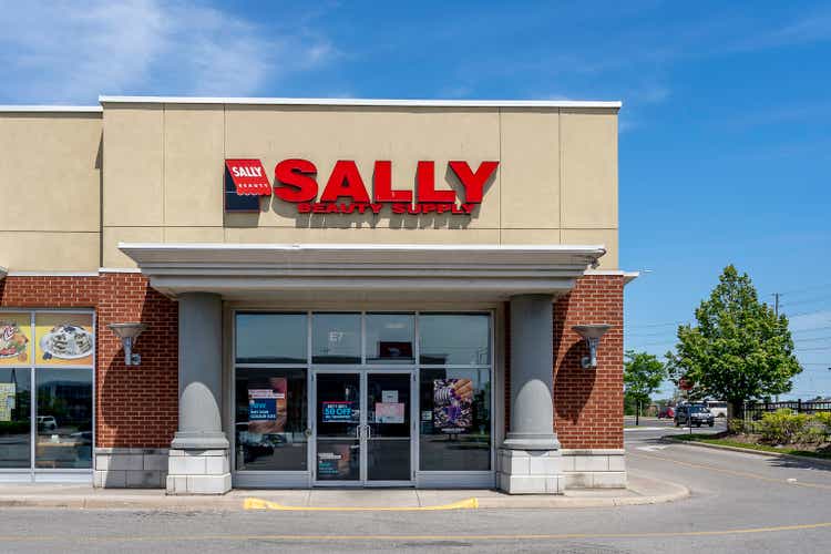 Sally Beauty storefront in Oshawa, Ontario, Canada.