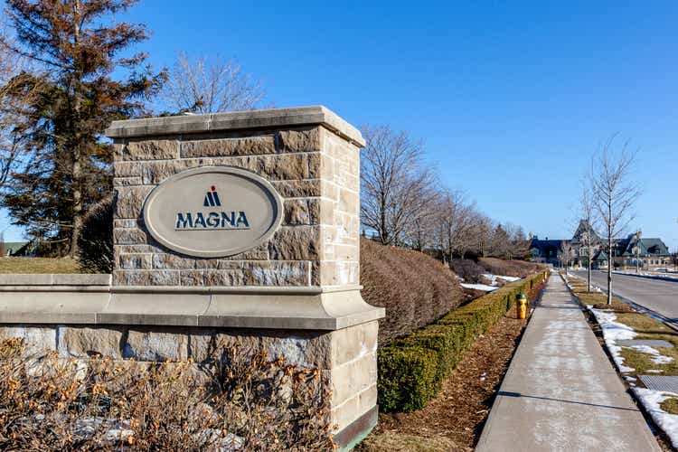 Magna head office in background in Aurora, Ontario, Canada.