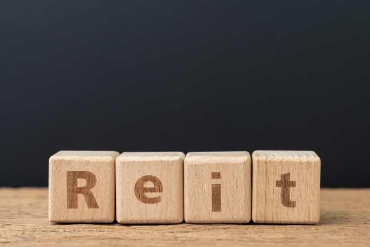 Reits, real estate investment trust concept, block wooden block with alphabet combines the word Reit on a dark black background