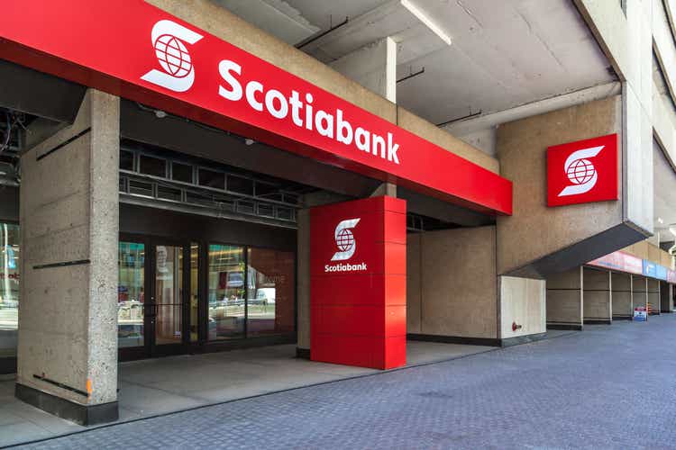 Entrance of Scotiabank head office in Toronto’s financial district,Canada