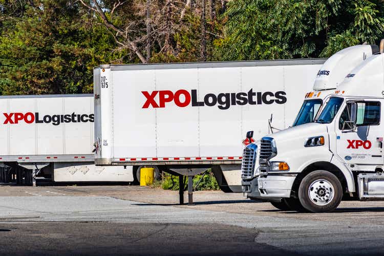 Trucks at an XPO Logistics distribution point in San Jose, California