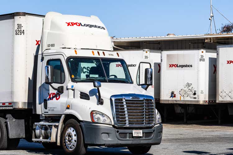 Trucks at an XPO Logistics distribution point in San Jose, California