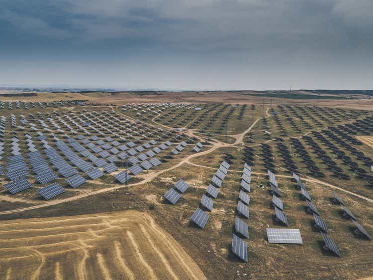 Aerial perspective of solar panel installation, Aragon, Spain