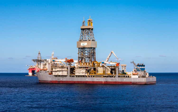 A large ENSCO drillship for offshore deepwater drilling in the Atlantic Ocean near Tenerife, Spain