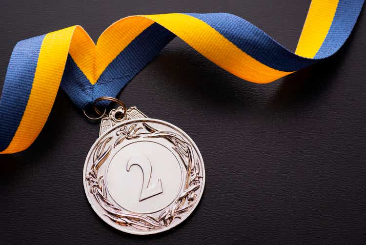 Second place runner-up silver medal on a ribbon